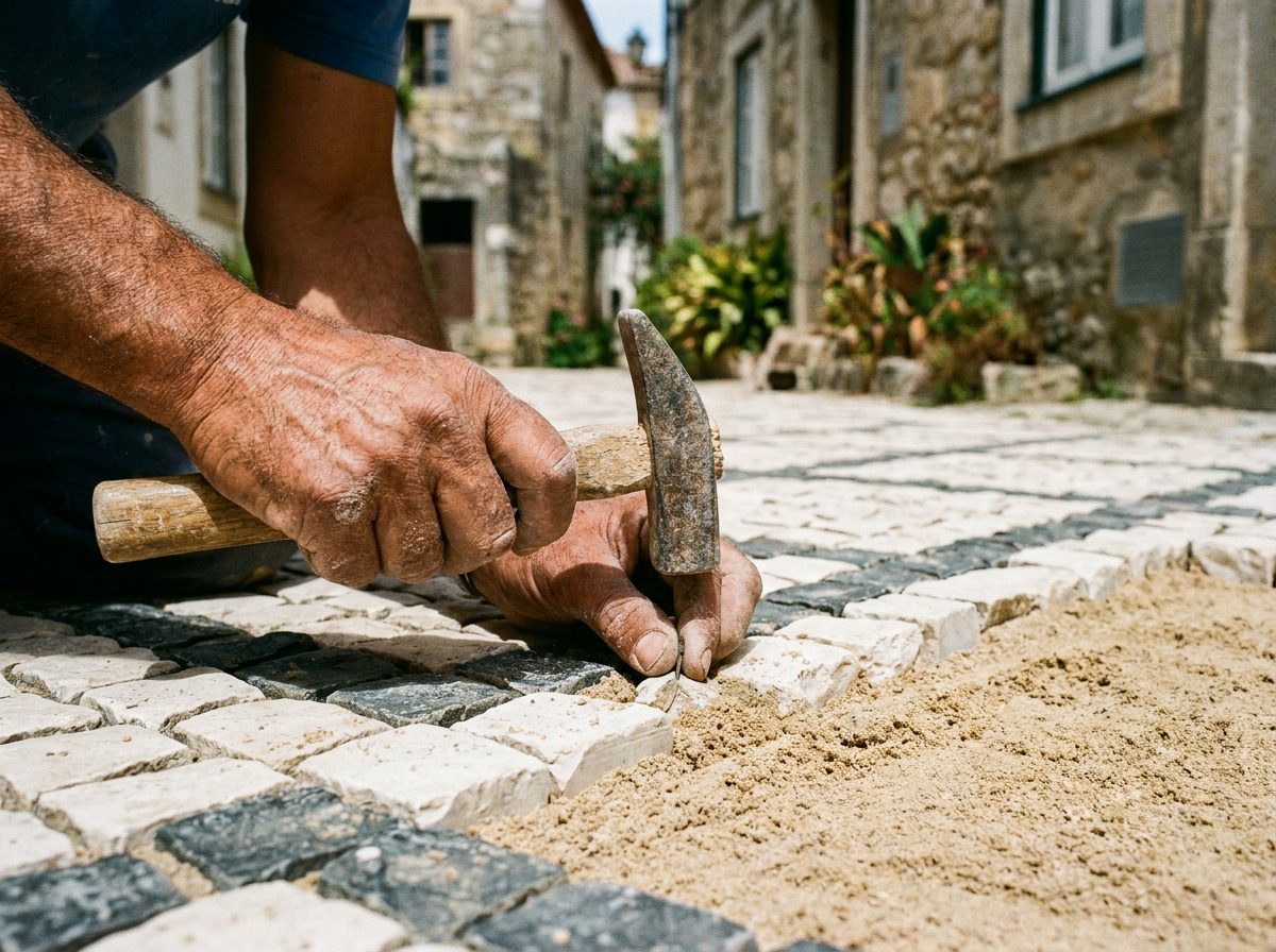 Calceteiro a assentar calçada portuguesa