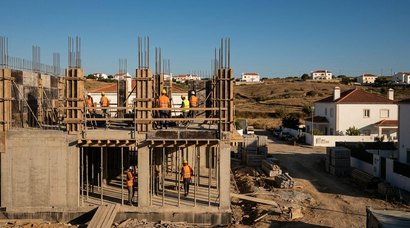 Obra de estrutura em betão armado com cofragens e equipa em obra